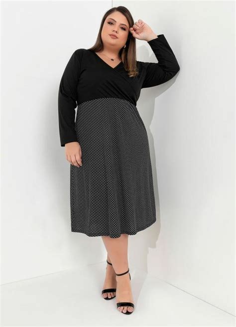 Vestido Midi Preto E Poá Plus Size Marguerite