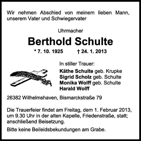 Traueranzeigen Von Berthold Schulte Nordwest Trauer De