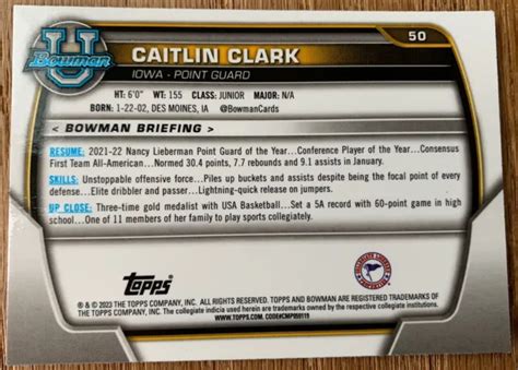 Bowman U Chrome Caitlin Clark Recrue Iowa Hawkeyes Dowling