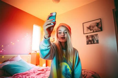 Premium Photo Female Caucasian Teenager Taking Selfies In Bedroom