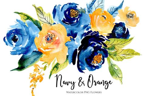 Watercolor Blue & Orange Flowers Png (2446890)