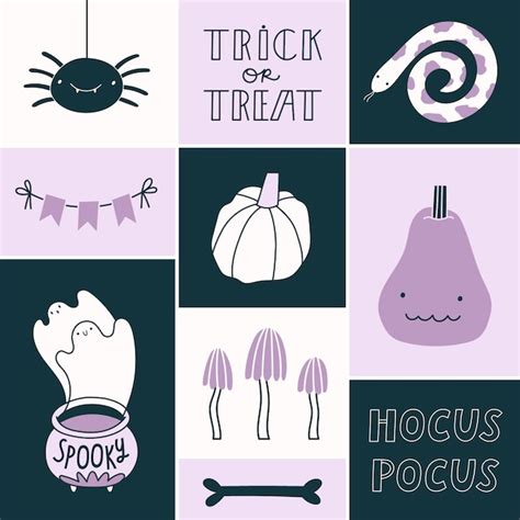 Premium Vector Vector Halloween Poster Set Of Hand Drawn Characters And Holiday Attributes