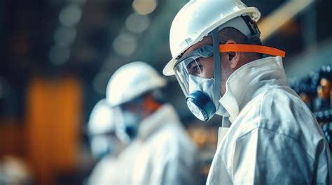 Premium AI Image Workers Wearing Gas Masks In A Factory