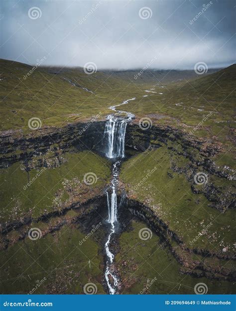 Aerial View Of Fossa Waterfall The Highest Waterfall In The Faroe