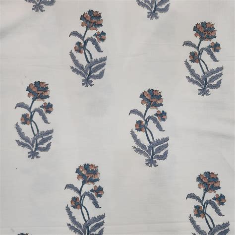 pure cotton jaipuri white  grey flower motif hand block print fabr