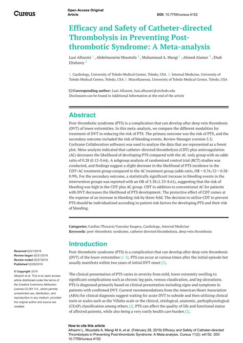 Pdf Efficacy And Safety Of Catheter Directed Thrombolysis In Preventing Post Thrombotic