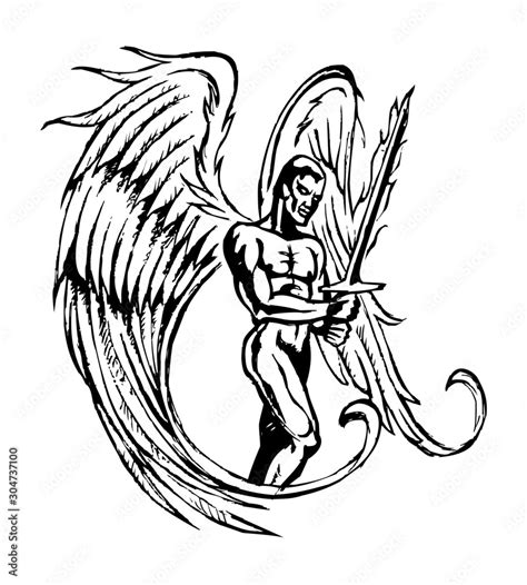 Archangel Michael with big wings and burning sword, angel, warrior ...