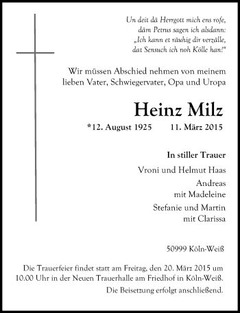 Traueranzeigen Von Heinz Milz WirTrauern