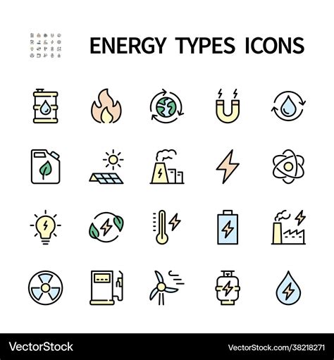 Types energy icons color symbols Royalty Free Vector Image