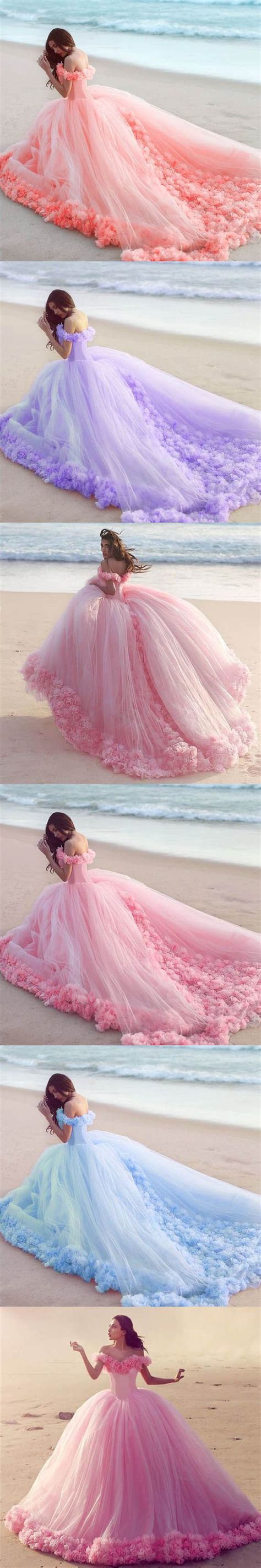 Romantic Poofy Pink Floral Wedding Dresses Off The Shoulder Ball Gown