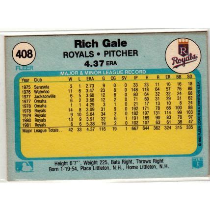 Fleer Baseball Card Rich Gale Royals On Ebid United States