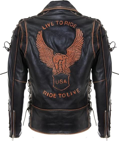 Mens Vintage Black Brando Live To Ride Embossed Eagle Leather Biker