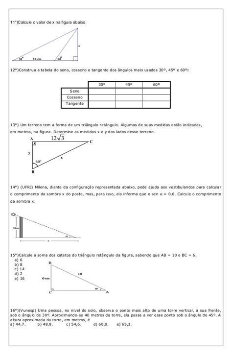 Atividades De Matemática 2° Ano Trigonometria No Triângulo Retângulo