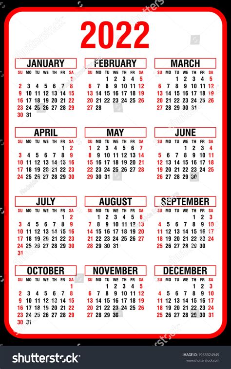 Calendar 2022 Yearly Week Starts On 库存矢量图（免版税）1953324949 Shutterstock