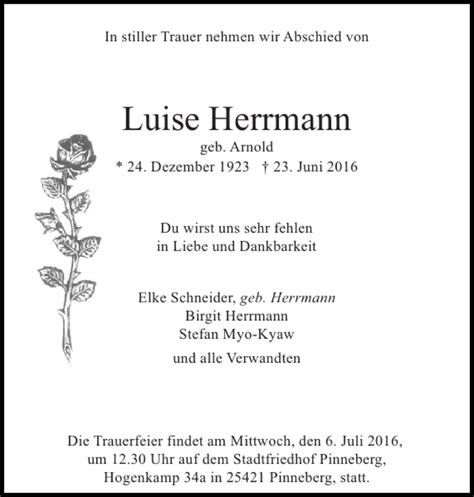 Traueranzeigen Von Luise Herrmann Sh Z Trauer