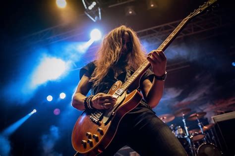 Un hombre tocando una guitarra en el escenario con una banda detrás de