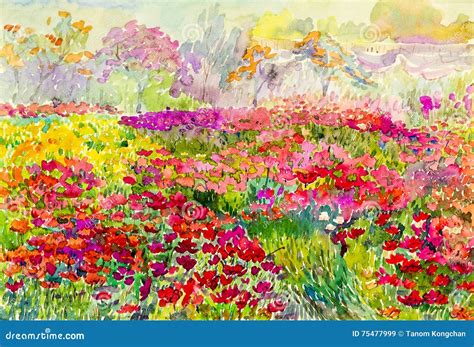 Watercolor Painting Original Landscape Colorful Of Flowers Fields In