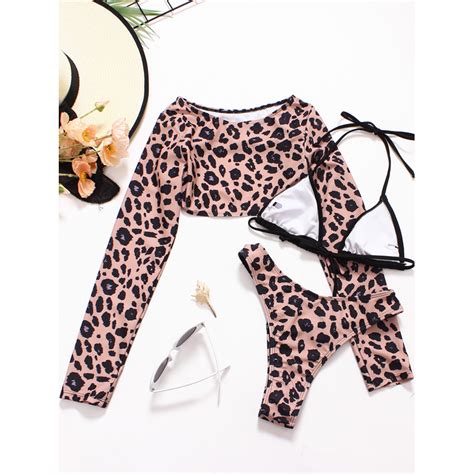 2023 New Three Piece Sexy Bikini Leopard Print Triangle Long Sleeve Swimwear Buy Leopard Print