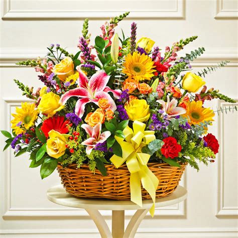 Sympathy Arrangement In Basket (Large) - Multicolor Bright Mixed Flowers