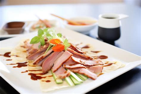 Premium AI Image | Peking duck slices with pancakes and hoisin sauce