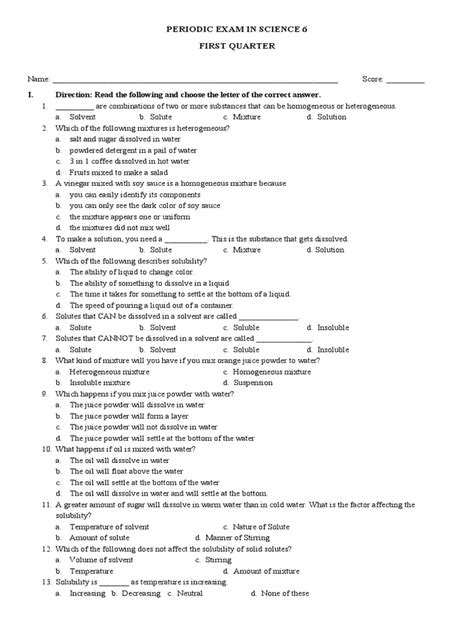 Science 6 Q1 Periodic Exam Pdf Mixture Filtration