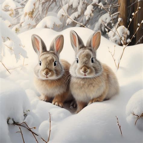 Premium Photo | Two rabbits sitting in the snow next to a bush covered ...