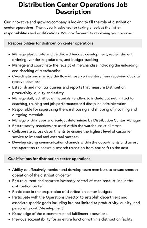 Distribution Center Operations Job Description Velvet Jobs