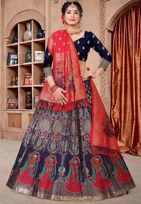 Buy Woven Art Silk Lehenga In Navy Blue Online LJA88 Utsav Fashion