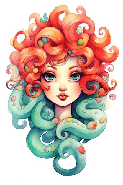 Premium Ai Image Cute Medusa Watercolor Clipart Cute Isolated On