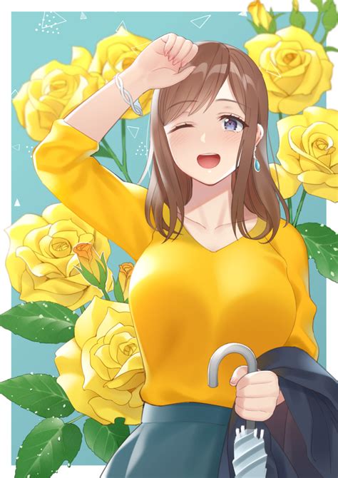 Safebooru 1girl Arm Up Blue Eyes Blue Skirt Border Bracelet Breasts Brown Hair Collarbone