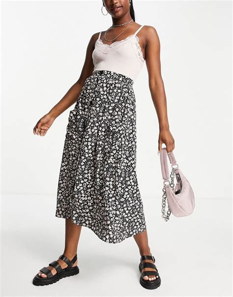 ASOS DESIGN Button Through Midi Skirt With Pocket Detail In Mono Floral