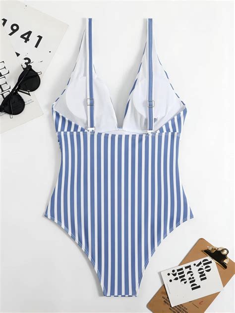 Striped Plunging One Piece Swimsuit Shein Usa