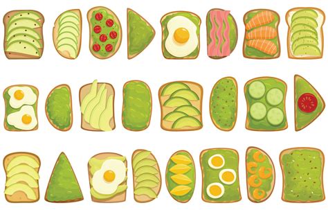 conjunto de iconos de tostadas de aguacate vector de dibujos animados ...