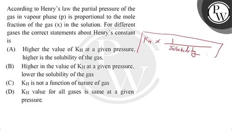 According To Henrys Law The Partial Pressure Of The Gas In Vapour P