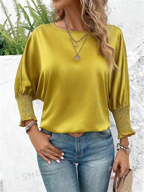 Shein Clasi Solid Batwing Sleeve Satin Blouse Shein Usa