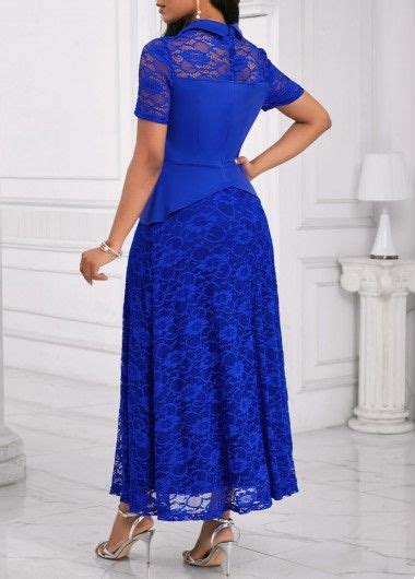 Lace Royal Blue Short Sleeve Shirt Collar Maxi Dress Rosewe USD