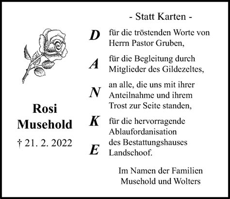 Traueranzeigen Von Rosi Musehold Trauer Anzeigen De