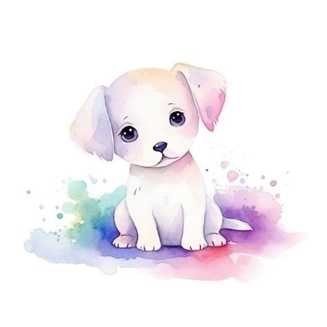 Ilustração em aquarela de um cachorro sentado em um fundo de arco íris