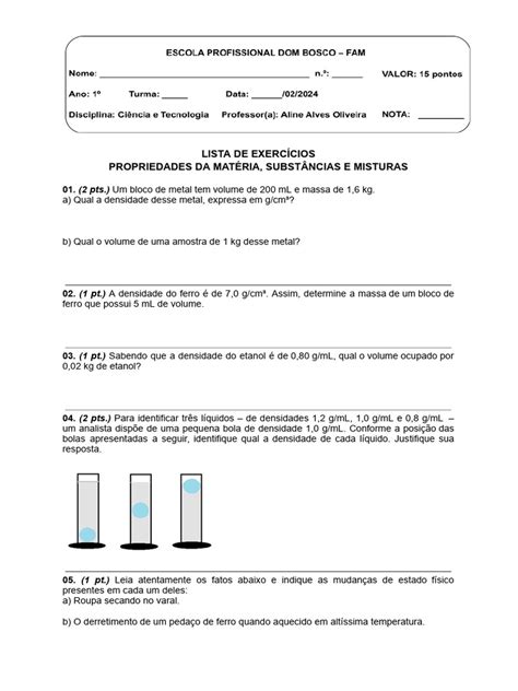 Questões Sobre Propriedades Da Matéria - Exercícios sobre Propriedades da Matéria | PDF | Mistura | Substancias ...