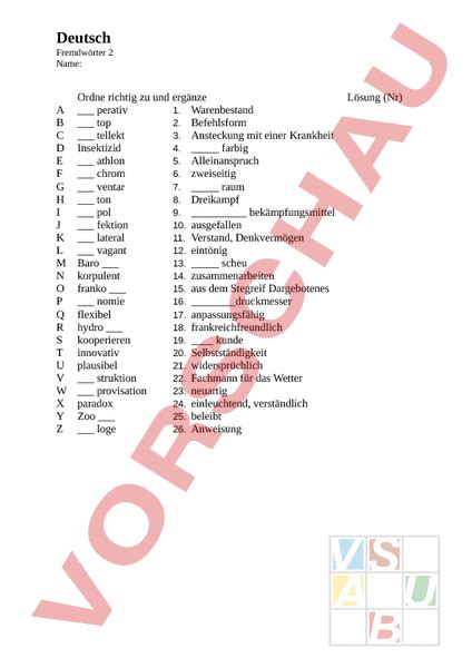 Arbeitsblatt Fremdwörtertest Deutsch Wortschatz