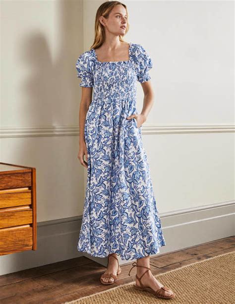 Smocked Bodice Midi Dress Dusty Blue Wild Flora Boden Us