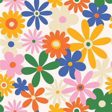 Trendy Floral Pattern In The Style Of The 70s With Groovy Daisy Flowers