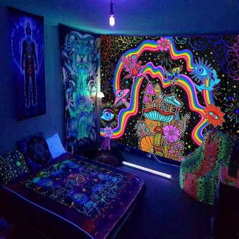 Fluorescent Tapestry Trippy Mushroom Wall Hanging Aesthetic Etsy