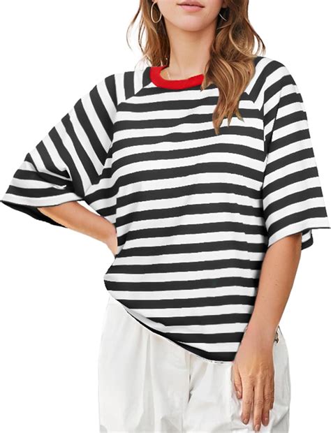 buauty women oversized striped  shirts color block summer tops crew