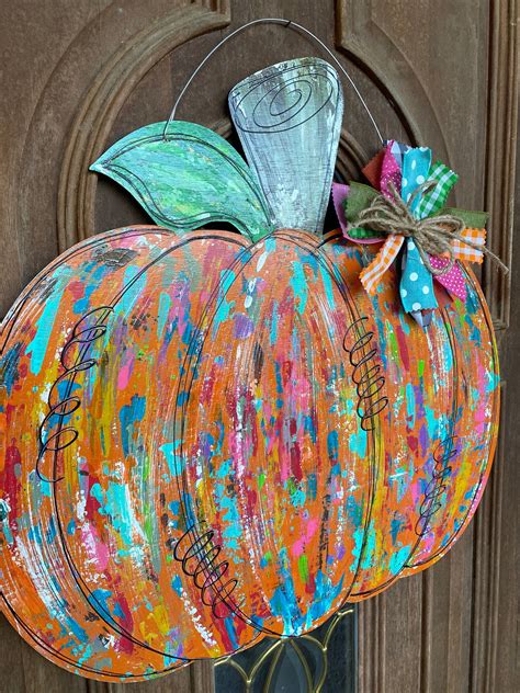 Pumpkin Door Hanger Distressed Decor Paint Smear Fall Etsy Pumpkin