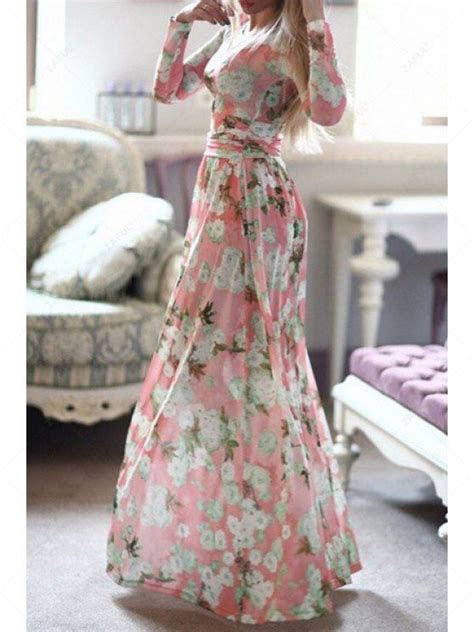 Long Sleeve Full Floral Maxi Dress Pink Print Dresses M Zaful