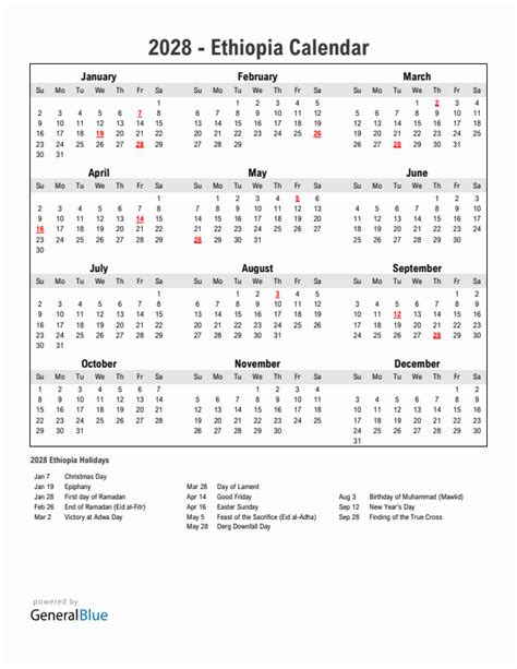 2028 Ethiopia Calendar With Holidays