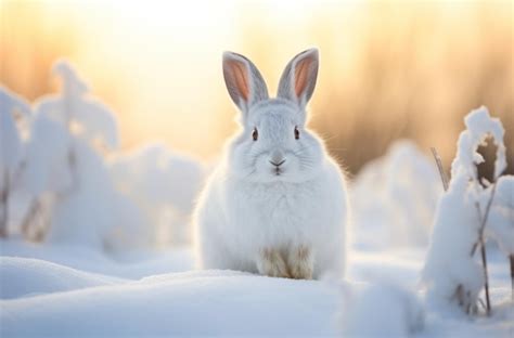 Premium Photo A White Rabbit In Snow