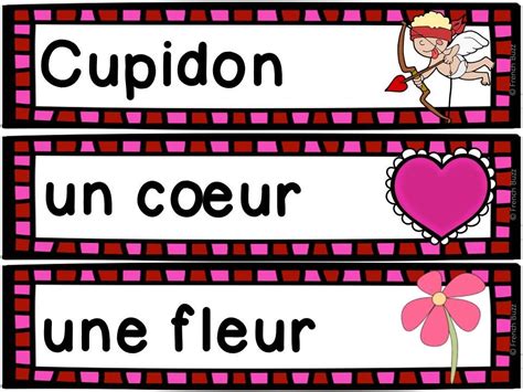 Two Pink And Red Banners With Words That Say Cupidon Un Coeur Une Fleur