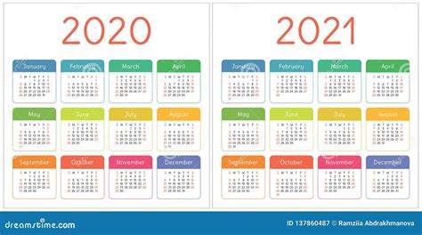 Kalender 2020 2021 Jaar Kleurrijke Reeks Het Begin Van De Week Op